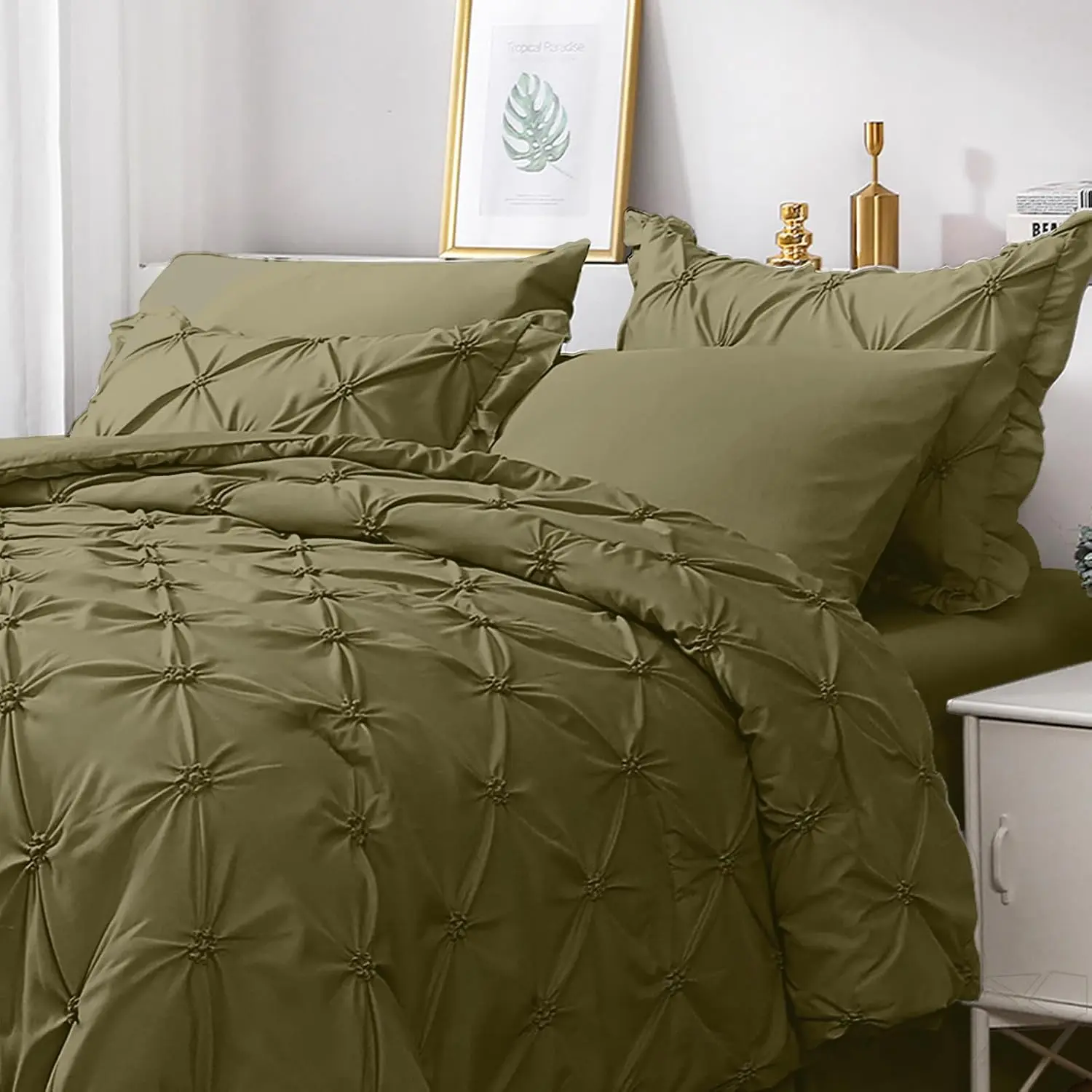 Olive Green Cal King Size 7-Piece Polyester Fiber Pintuck Bed in a Bag Comforter Set, Bedding with Comforter, Sheets, Ruffled Shams & Pillowcases for Bedroom