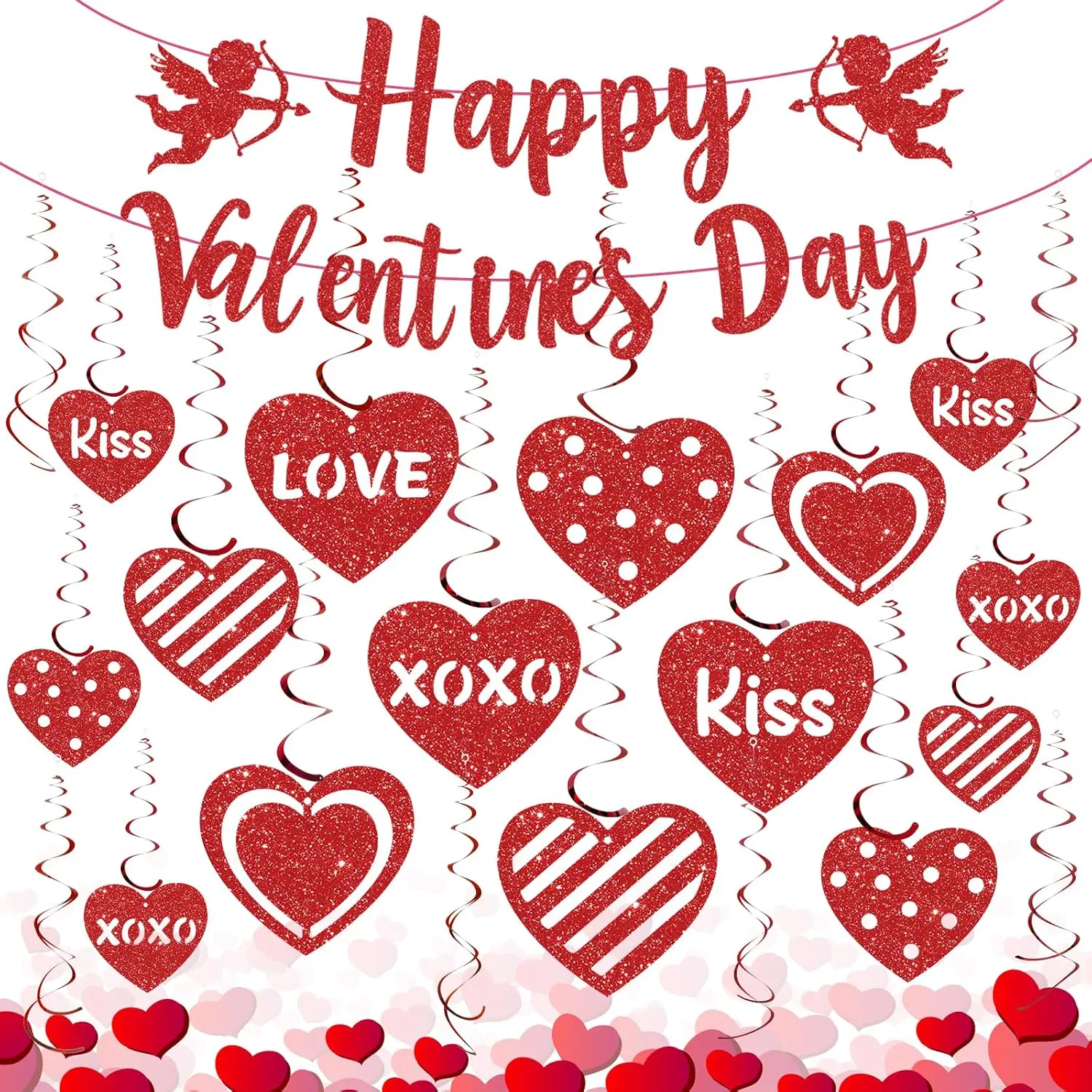 52 count Happy Valentines Day Decorations Valentine's Day Banner Glitter Valentine  Swirls Ceiling Foil Decor Red Hearts Cutouts for Happy Valentine's Day Party Wedding Anniversary Theme Supplies