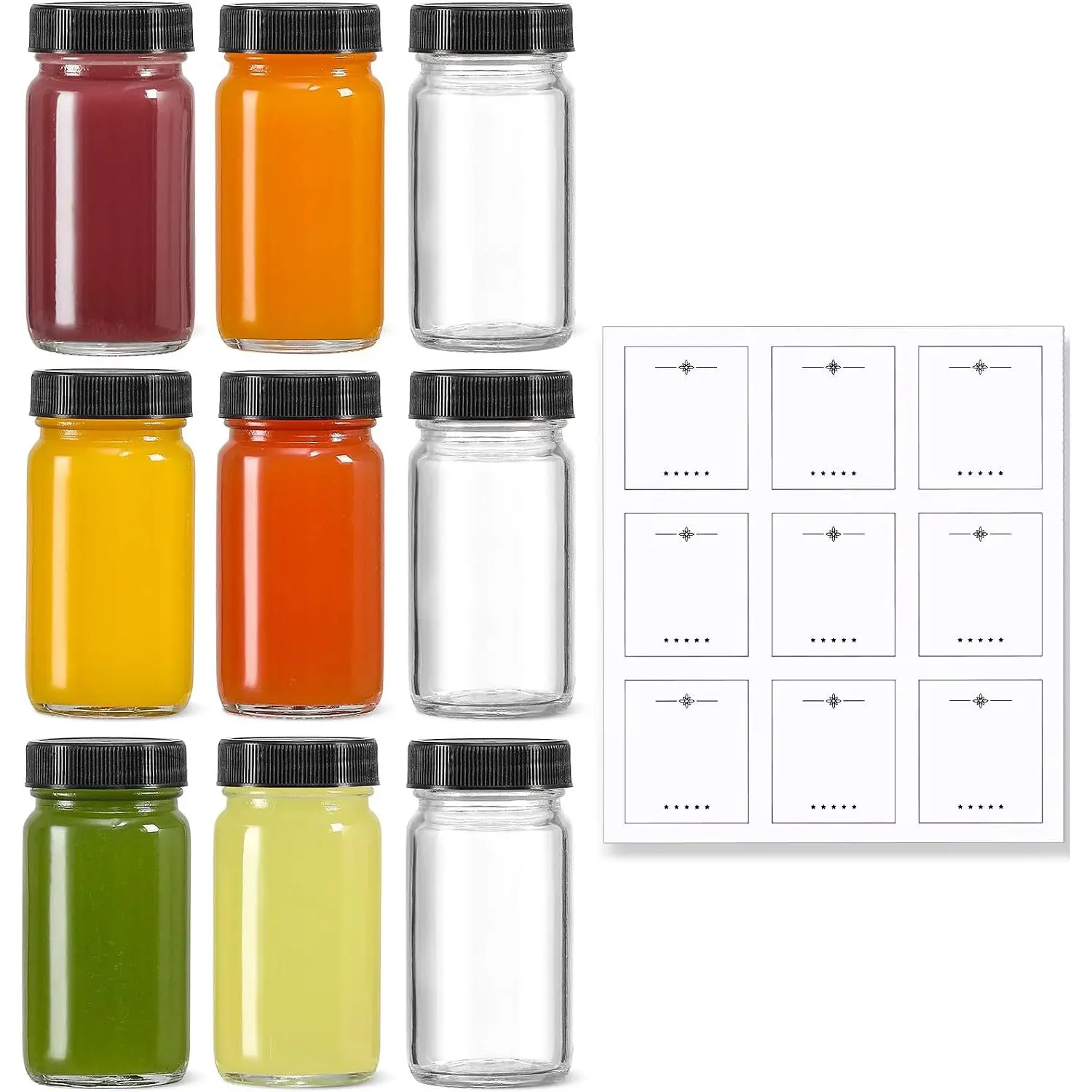 9 Pack, 2 oz Glass Shot Bottles w/ Black  & 9 Labels - Small Clear Jar for Ginger,  Shot, Juice, Sample,  - Travel Essentials Mini Bottles - Wide Mouth, Leakproof, Dishwasher Safe