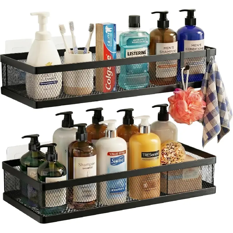 2-Pack Marble Dense Mesh Fast-Draining Bottom Wall Hanging Shower Caddy, Heavy-Duty Adhesive Water-Resistant Bathroom Shelf Organizer, Rustproof Multi-Size Floating Rack with Anchor Bolts, 50LBS Capacity Black Multi-Purpose Storage Netting, Pantry