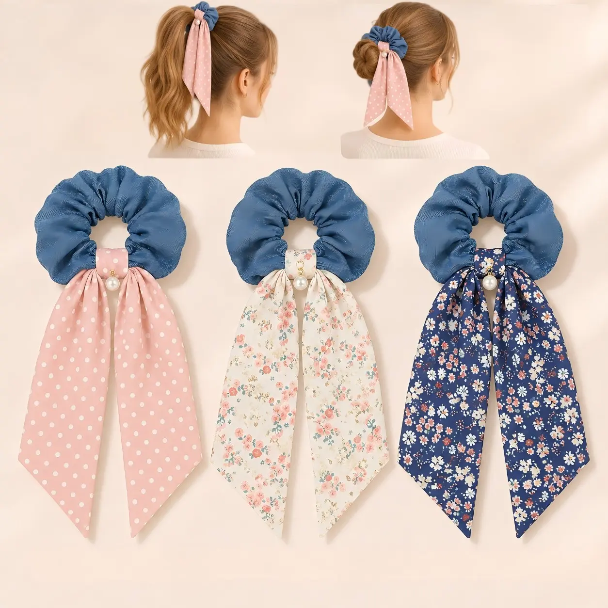 Denim Bow Hair Scarf for Women, Vintage Ruffle Jean Headband with Pearl Charm, Long Ribbon Ponytail Hair Accessory, Cute Fashion Hair Tie Gift