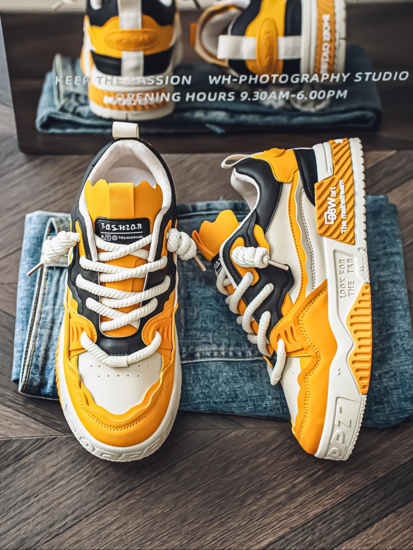Men's Sporty Lace-Up Thick Sole Sneakers, Breathable Comfortable PU Leather Shoes, All-Season Outdoor Skateboarding Footwear