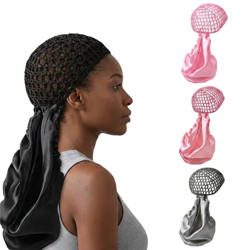 Sports & Outdoor Dual-Use Hair Cap (2-Piece Set): Non-removable satin hair cap and hairnet combination with adjustable strap; designed for silky straight and curly hair, providing heat-free hair protection; hand-woven hairnet, double-sided satin material;