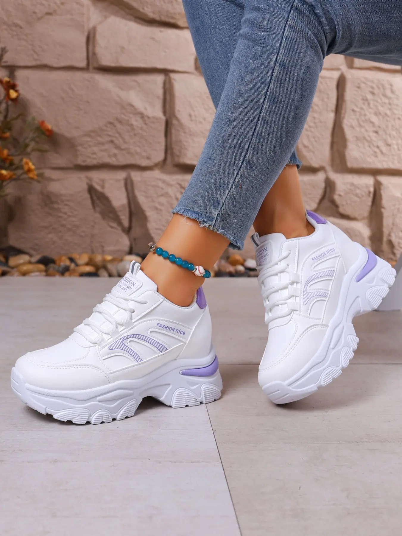 Women Hidden Wedge Platform Sneakers Pastel Contrast Lace‑Up Thick Sole Casual Shoes For Back To School Daily Shopping Travel