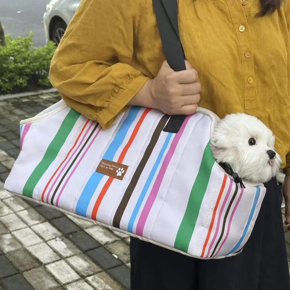 Colorful Striped Soft Pet Travel Bag, Portable Small Cat Dog Handbag, Breathable Puppy Outdoor Shoulder Bag, Nylon Material