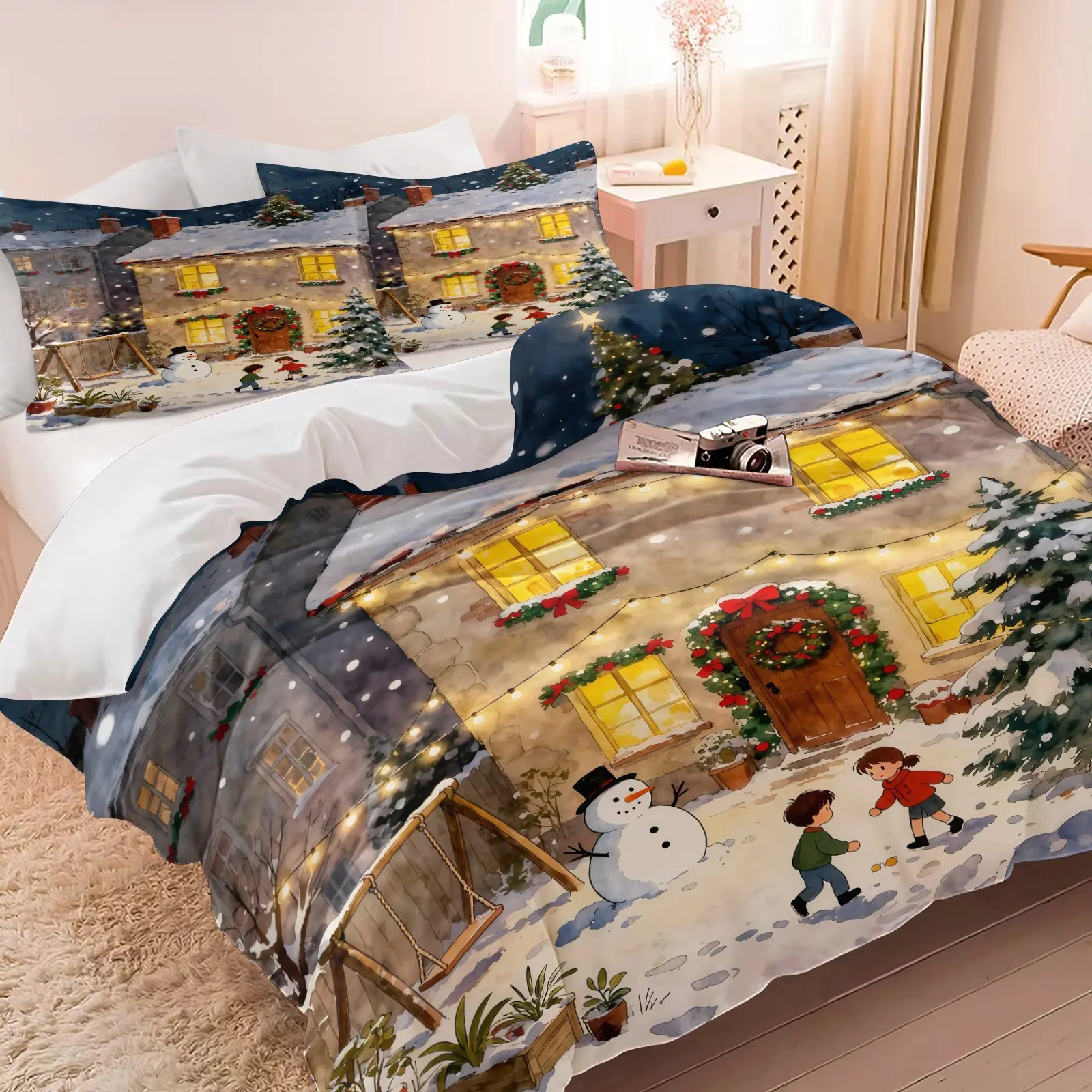 Christmas Themed Duvet Cover Set with Snowy Winter Vibe, Stylish & Versatile Indoor Home Decor, Ideal Holiday Gift for Thanksgiving & Festivals, Suitable for Teens & Adults. Includes 1 Duvet Cover and 1 or 2 Pillowcases, Duvet & Pillow Inserts NOT INCLUDE