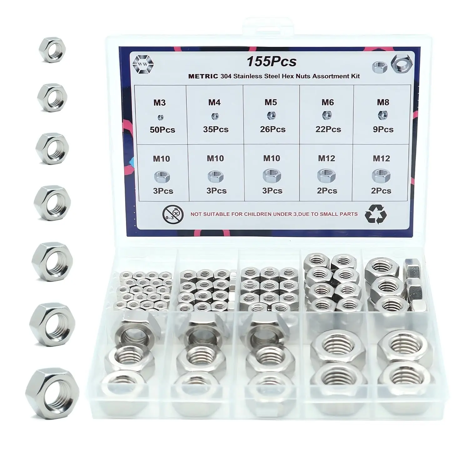 155 count Metric Hex Nuts Kit, M3 M4 M5 M6 M8 M10 M12 | 304 Stainless Steel, Standard Metric Coarse Thread, Hardware Nuts