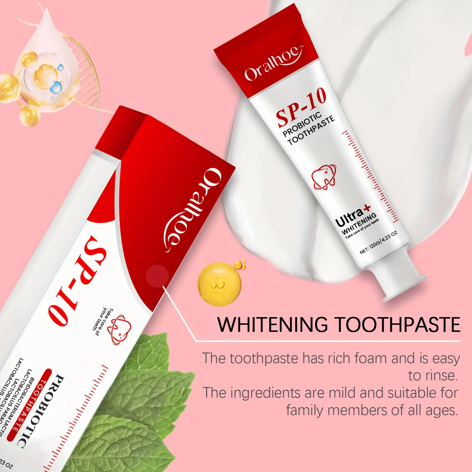 Super SP-10 Probiotic Toothpaste, Mint Extract Fresh Breath, Gentle Cleaning and Whitening Teeth Oral Care Family Kit, 120G*4