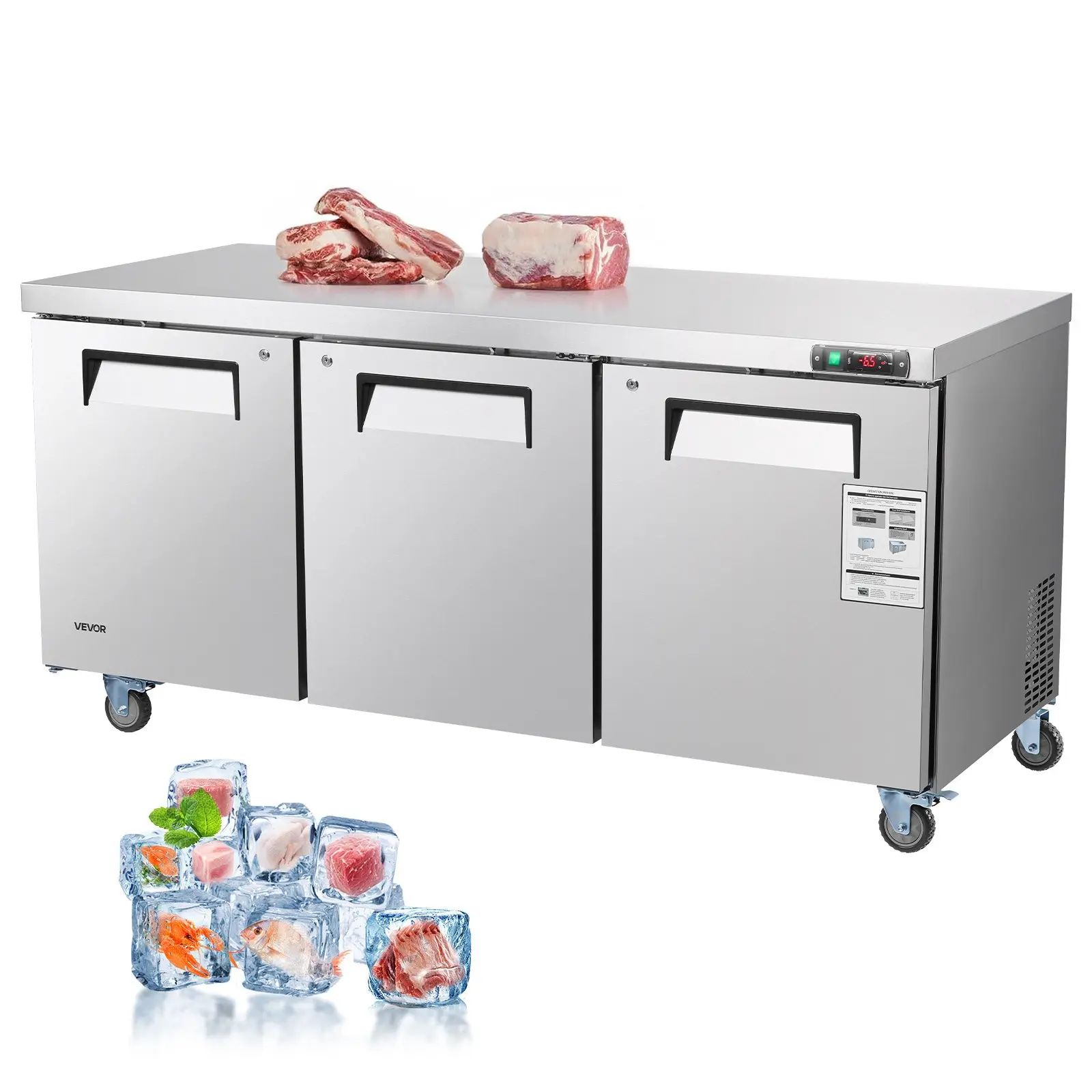 VEVOR 72" W Commercial Freezer, 17.7 Cu. Ft Worktop Freezers Undercounter with LED Auto Lighting and Lockable Door, 3 Doors Food Freezing Prep Worktable, Stainless Steel Prep Frozen Table with Casters