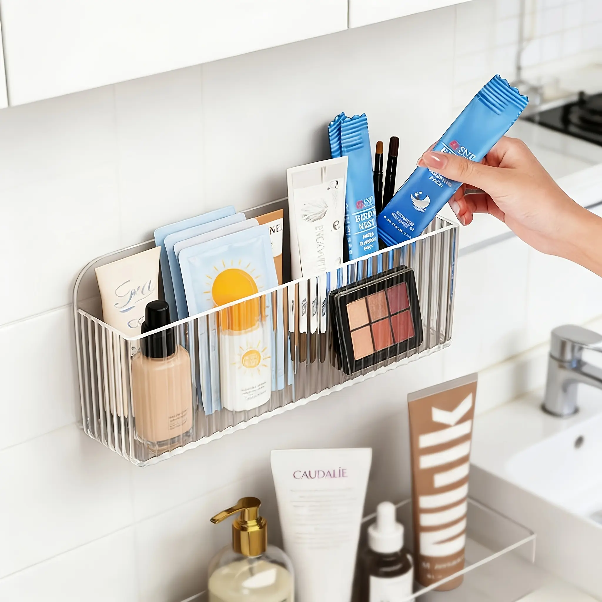 2PCS Clear Wall-Mounted No-Drill Storage Boxes, Transparent Plastic Organizers for Makeup, Skincare, Lipsticks & Masks, Multi-Compartment Holders for Bathroom, Bedroom, Office, Cabinet & Drawer, Space-Saving Punch-Free Caddy