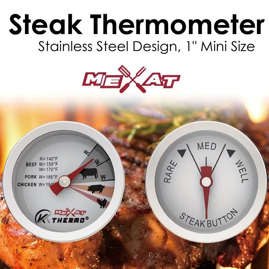 Mini Meat Thermometer, Food Temperature Thermometer, 1 Inch Steak Button, Stainless Steel Design, Outdoor BBQ, Dial Display, Battery-Free, Food-Grade Stainless Steel