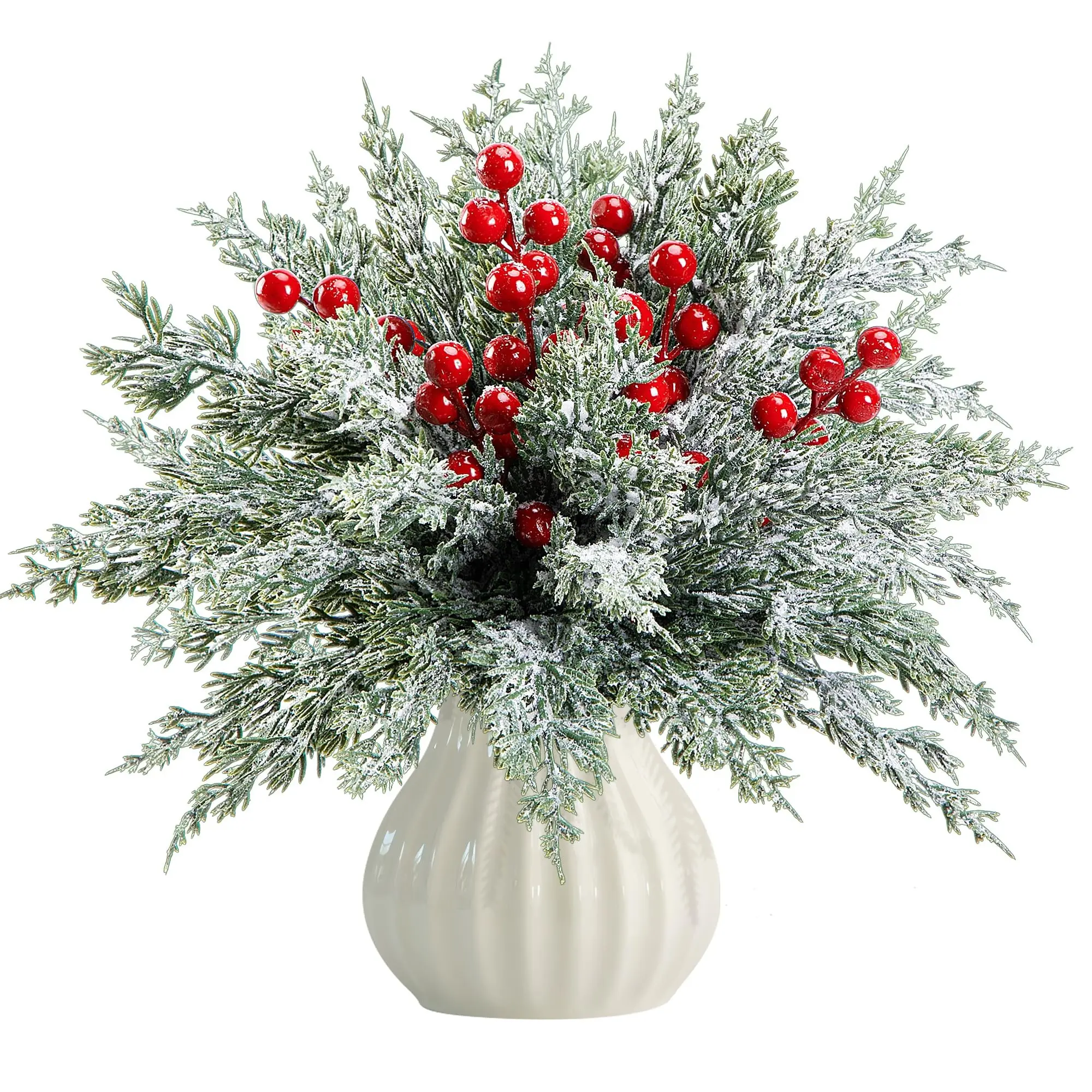 60 Pcs Artificial Christmas Snow Pine Branches, Berry Stems, Snowy Faux Greenery, Frosted Fake Foliage, Home Decor