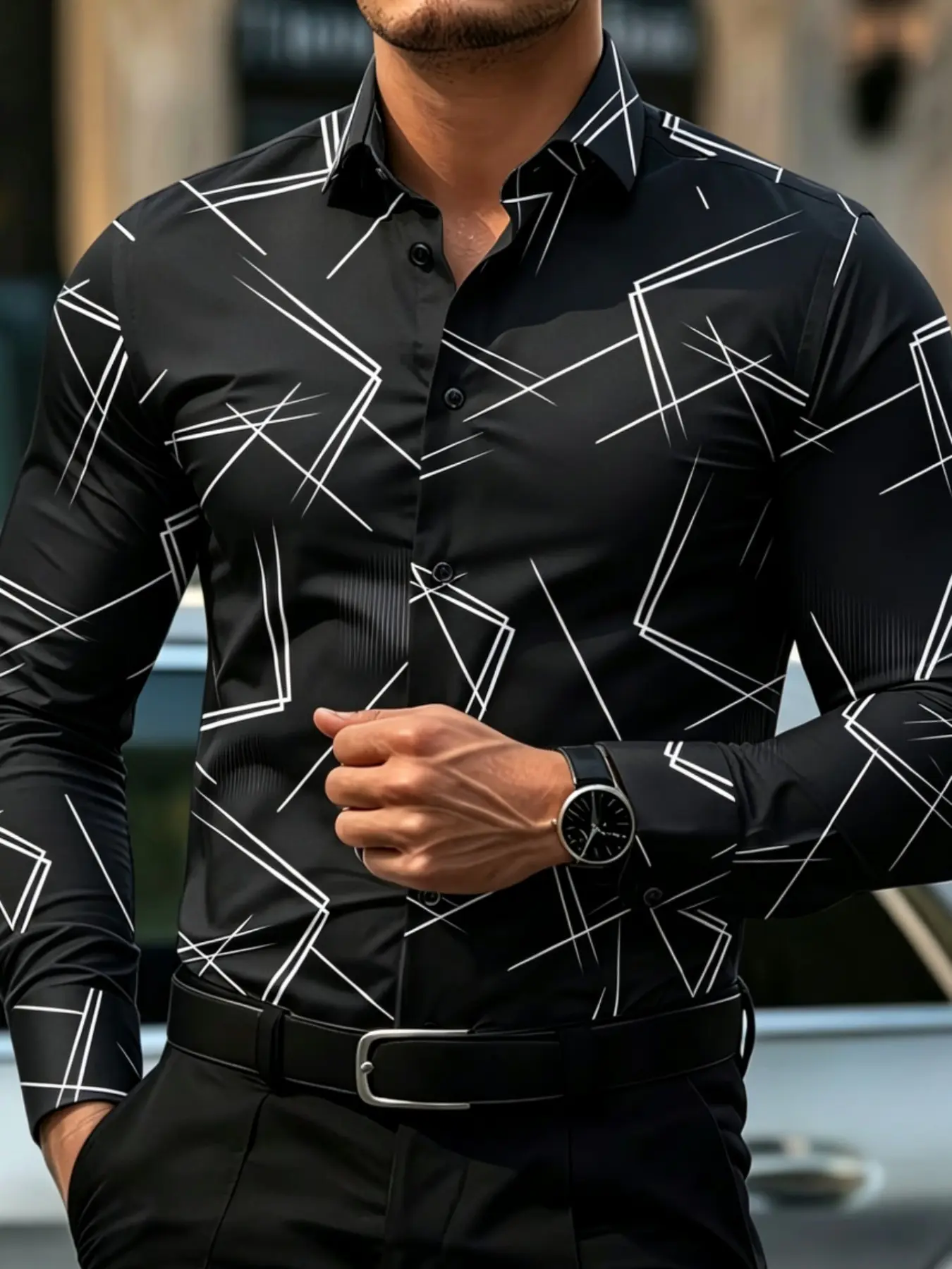 Geometric Print Men's Long Sleeve Aesthetic Shirt, Casual Slim-Fitting Top, Baroque Pattern, All Seasons Wear, Unlined Full Placket Design