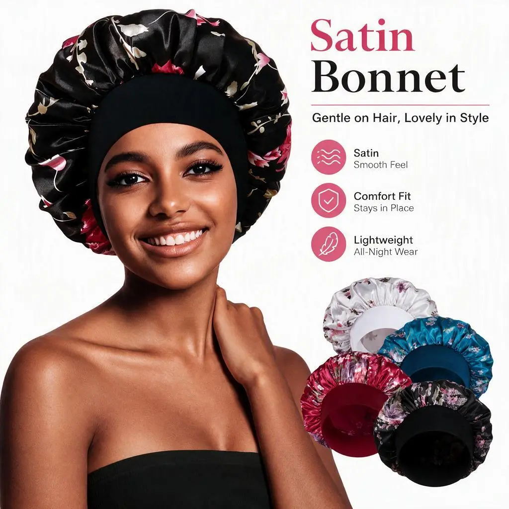 4 PCS Shower Caps Satin Bonnet for Sleeping Women, Hair Bonnet for Curly Hair Braids, Large Elastic Wide Band Sleep Cap, Anti-Frizz Night Head Cover