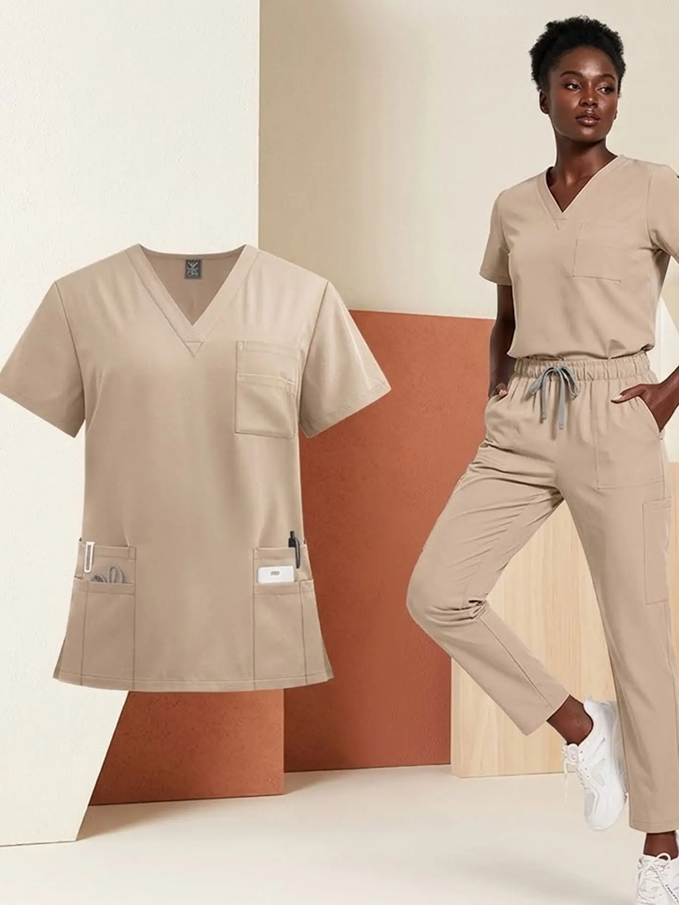 Multi-Pocket Split Scrub Set Stretch Side Pocket Straight Pants Hospital Lab Cosplay Costume