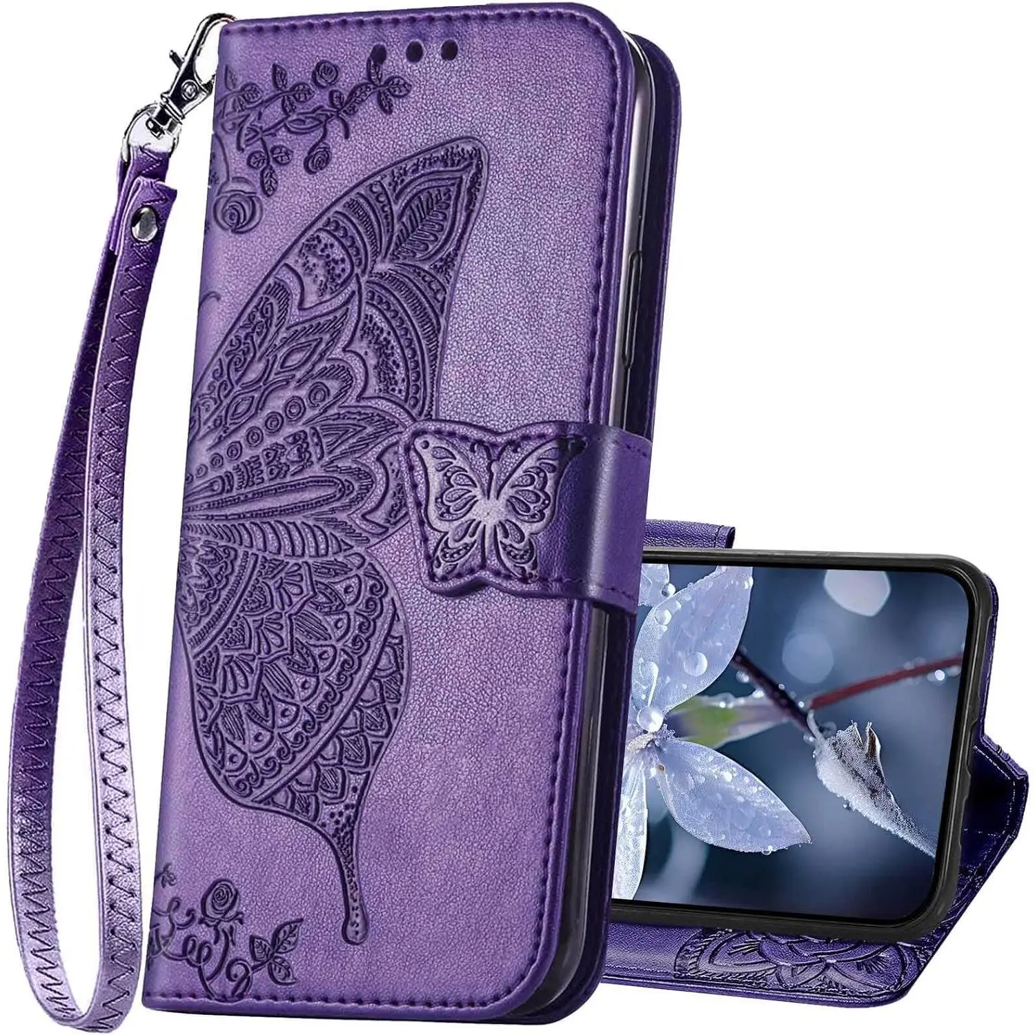 for  G 5G 2026 Phone Case Wallet,Women Butterfly Embossed PU Leather Stand Card Holder Slots Wrist Strap Flip Cover Purse for   G 2026 ()
