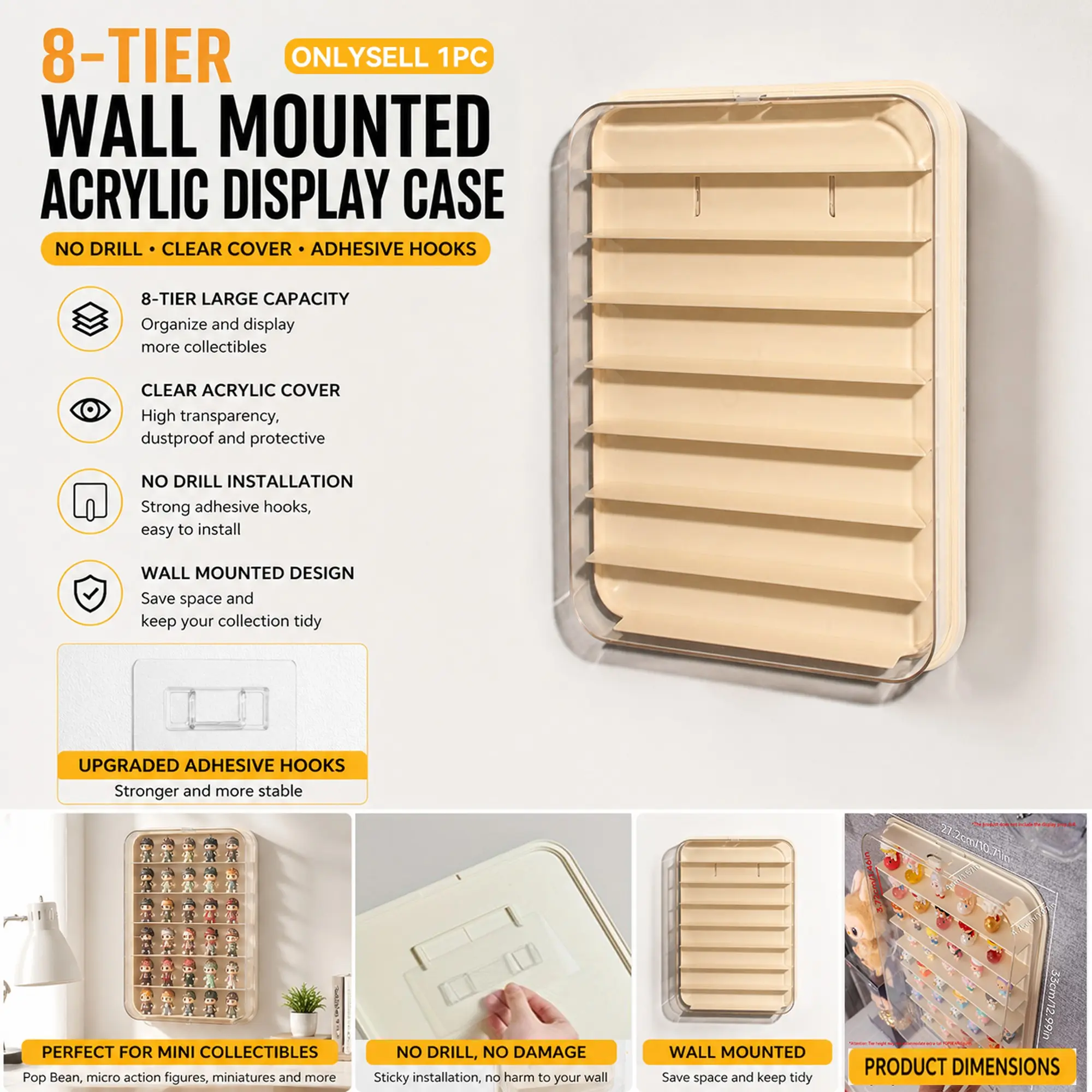 8-Tier Multilayer Wall Mounted Acrylic Display Case Racks with Clear Cover, No Drill Tiny Figure Storage Showcase Organizer Box with Adhesive Hooks for Pop Bean, Micro Action Figures, Miniatures, Collectibles