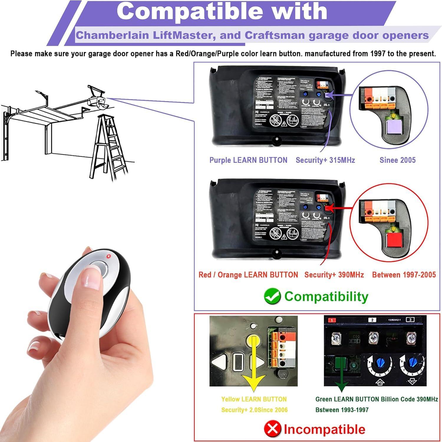 2 Garage Door Opener Remote, for Chamberlain LiftMaster Craftsman Garage Door Opener Remote 371LM 373LM 971LM 973LM 950CD 139. 53681, Purple Red Orange Learn Button Garage Door Remote