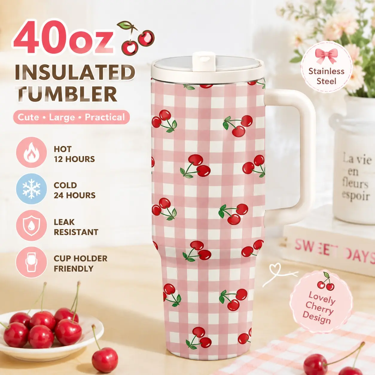 40oz Cherry Print Insulated Tumbler, Plaid Cute Girl Cup, Stainless Steel, Vacuum Insulation, 12h Hot, 24h Cold, Car Holder Compatible