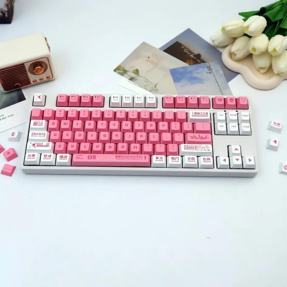 Vintage Pbt Heat Transfer Keycap Set, 140+ Keys, Pink Mecha Theme, Cherry Profile, Includes 7u and Split Space, Compatible with Mx Axes