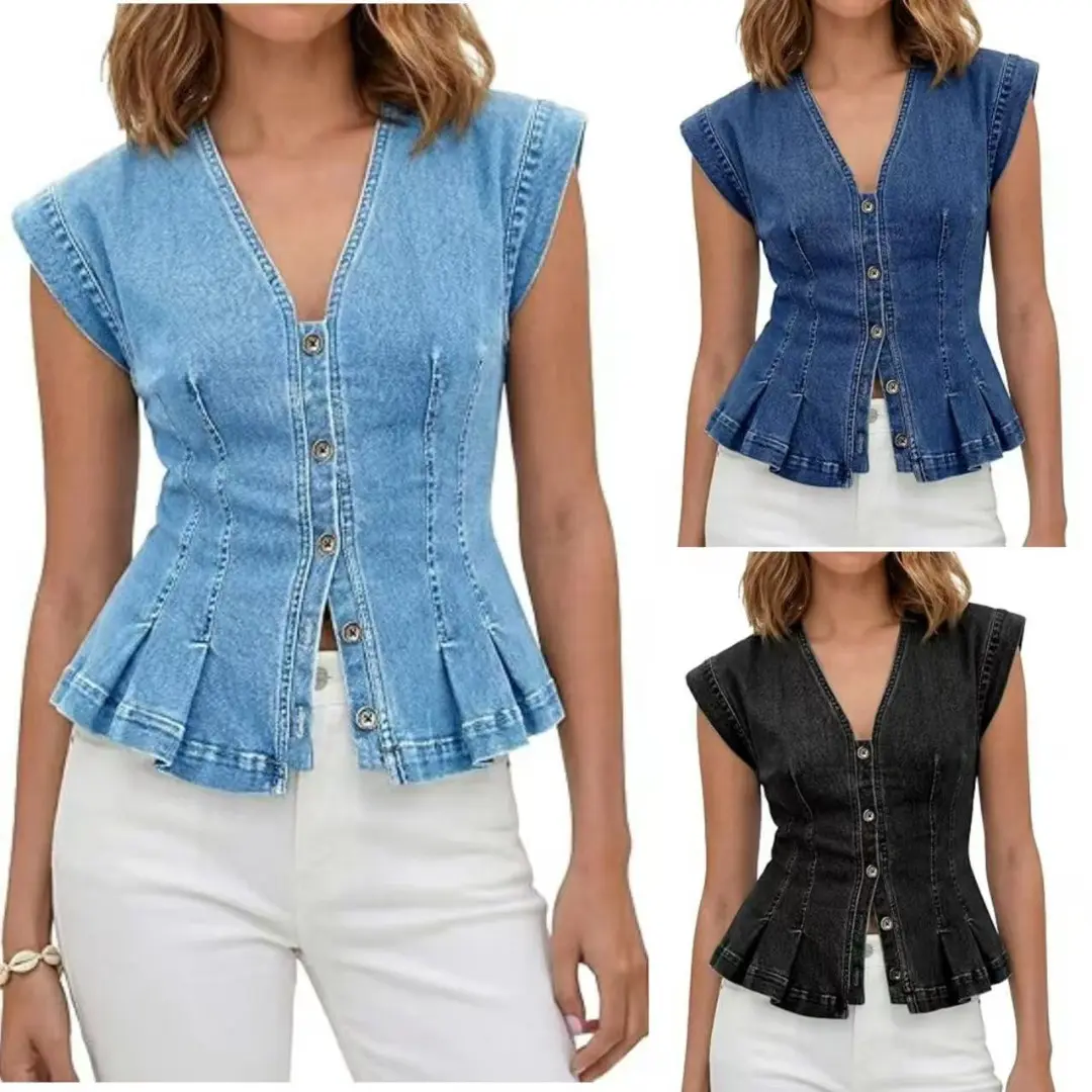 Women's V-Neck Denim Vest Sleeveless Slim-Fit Button-Up Top with Pleats for Casual Fashion Wear