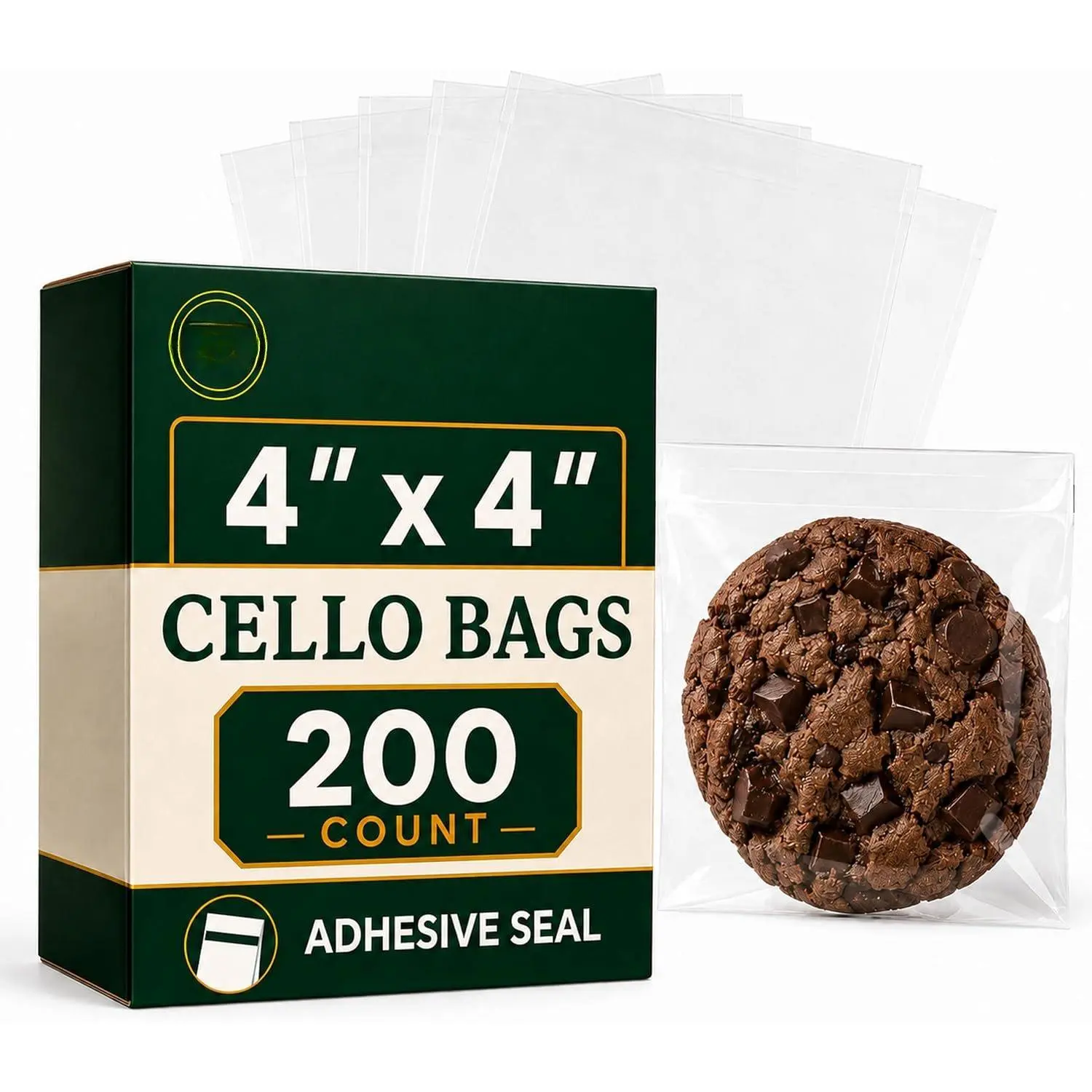 4 x 4 Inch Cellophane Bags 200 Pack — Clear Self-ing Reable  Bags for Cookies, Candy, Pastries, Party Favors, Square Cello Packaging