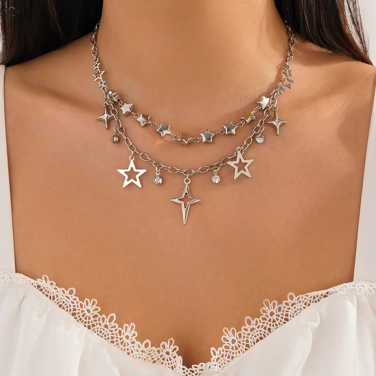 Y2K Double Layer Star Pendant Choker Necklace, Silver Tone Hollow Star Tassel Chain with Tiny Rhinestone Accents, Adjustable Dainty Statement Neck Jewelry for Daily Street Outfits