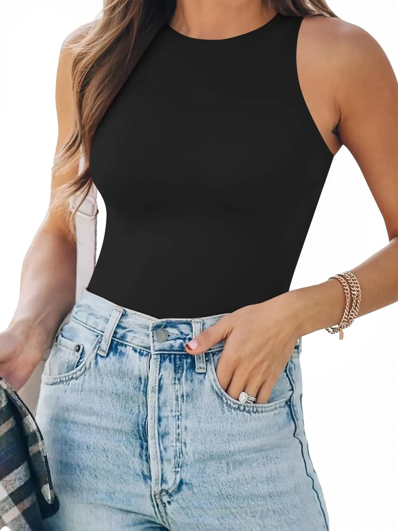 Seamless Round Neck Sleeveless Soft Stretch Bodysuit, High Elastic Slimming Jumpsuit, Casual Everyday Wear, Organic Textile, Soft, All Seasons