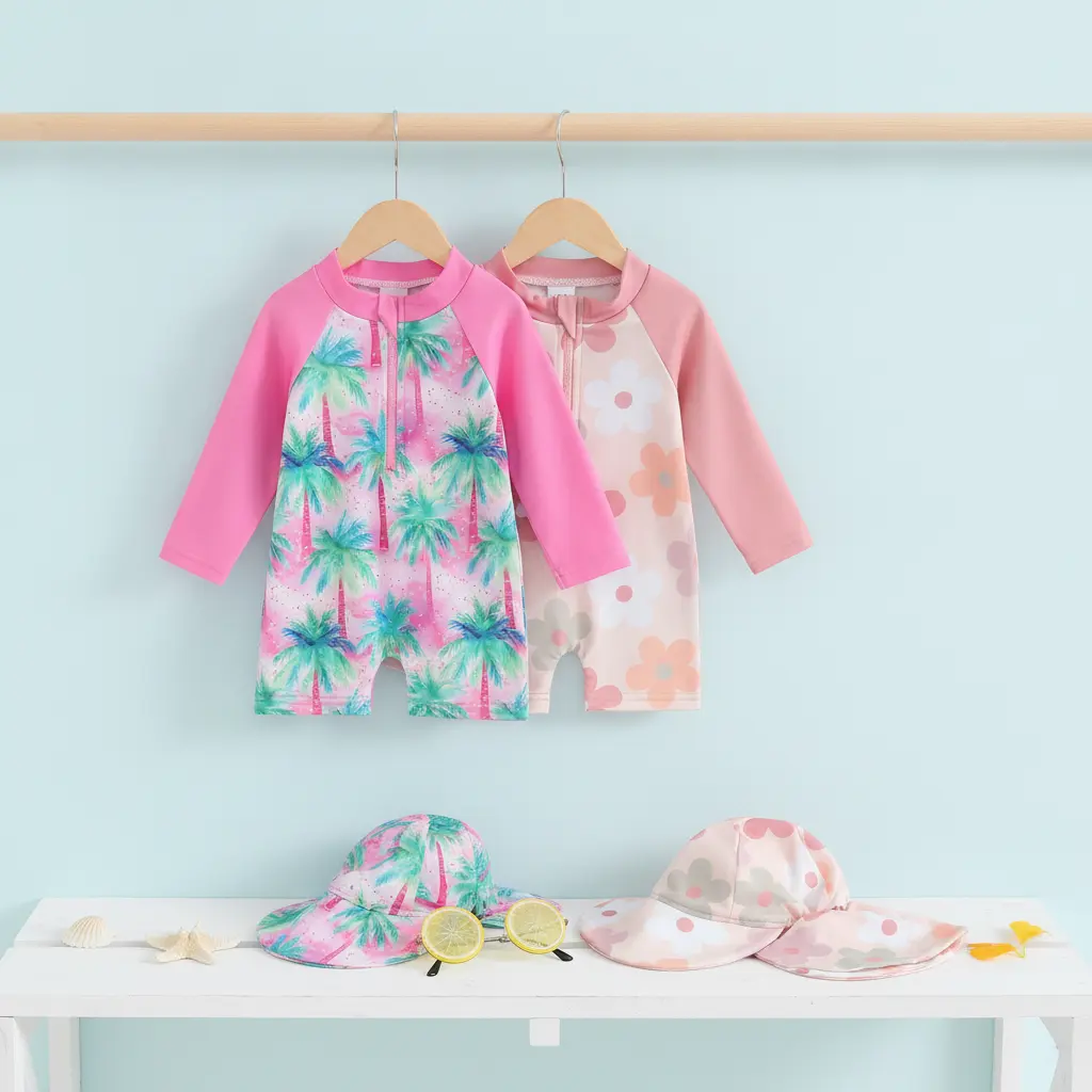 Toddler Girls Beach Romper Swimwear Long Sleeve Floral/Tropical Tree Print Zip Up Bathing Suits with Hat