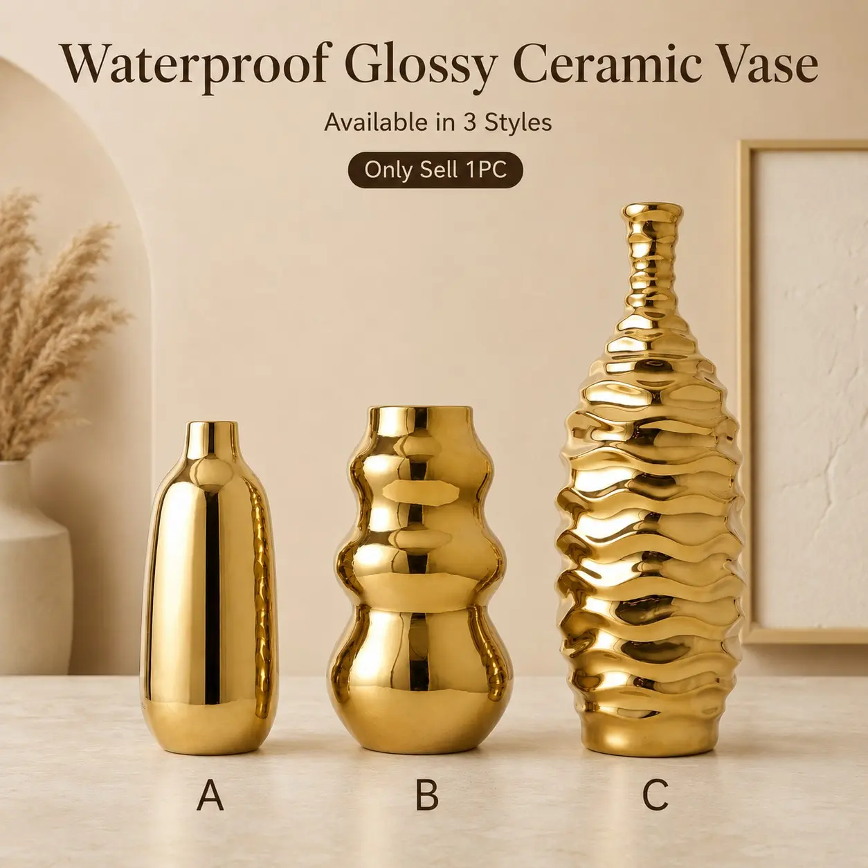 Modern Luxury Waterproof Glossy Ceramic Vase, Mirror Finish Decorative Flower Holder, Modern Minimalist Desktop Vase, Flower Vases For Centerpieces, Living Room Bedroom Home Décor