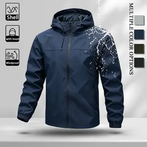 Lightweight Waterproof Outdoor Hooded Jacket for Men, Windproof Smooth Shell Fabric Relaxed Fit Wind Coat, Hidden Side Storage Pockets Casual Outer Layer for Walking Travel Weekend Vacation