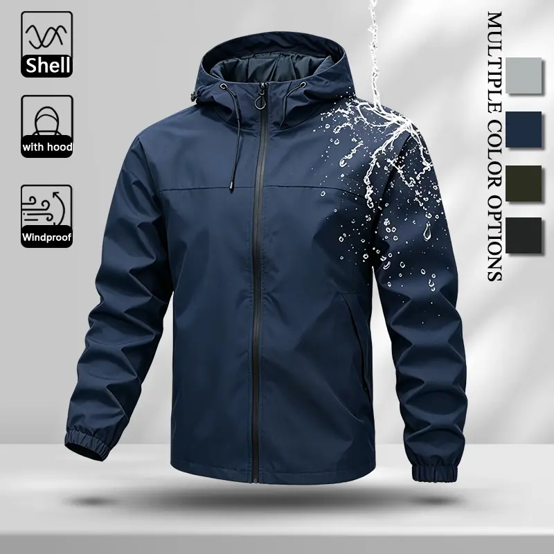 Lightweight Waterproof Outdoor Hooded Jacket for Men, Windproof Smooth Shell Fabric Relaxed Fit Wind Coat, Hidden Side Storage Pockets Casual Outer Layer for Walking Travel Weekend Vacation