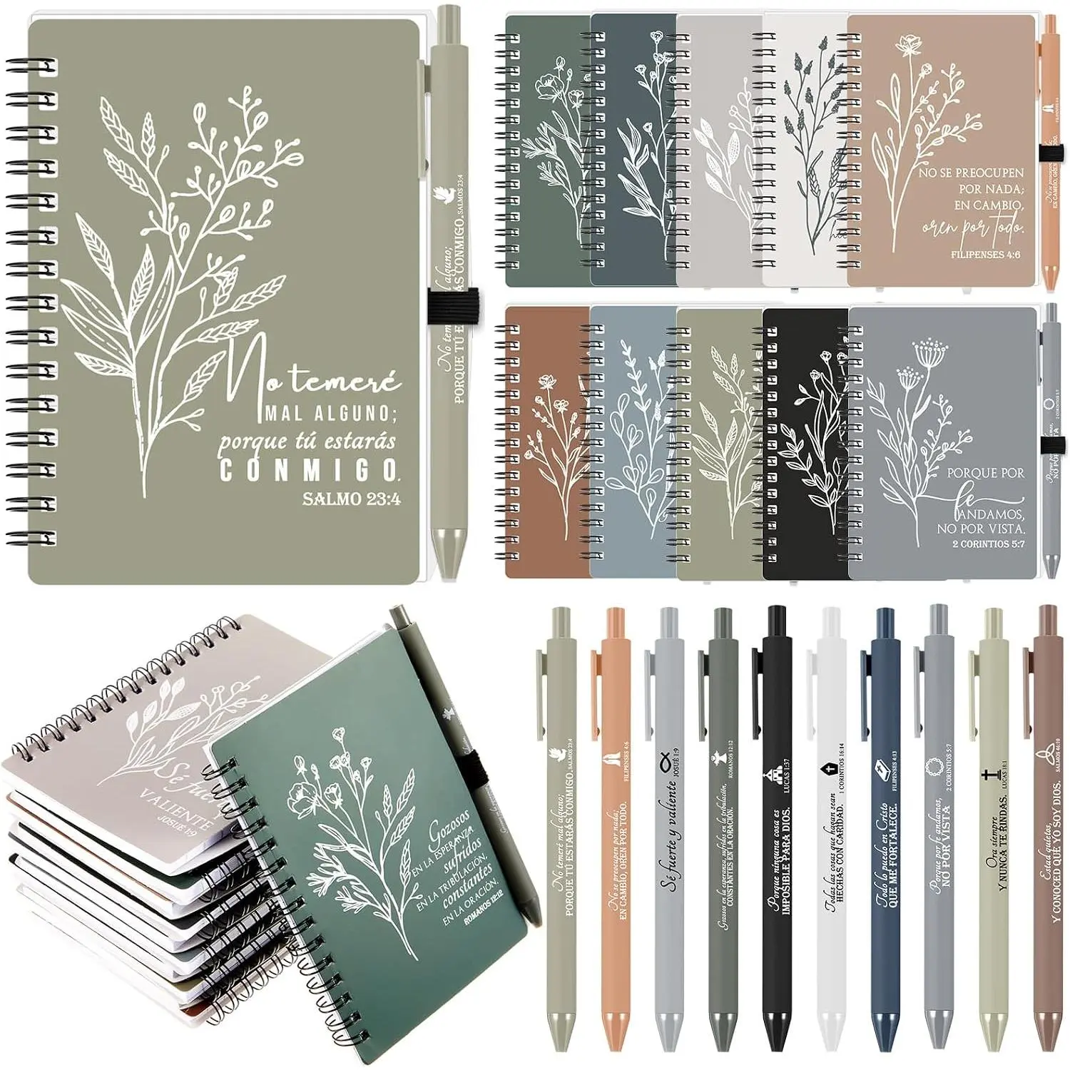Christian Women's 30-Set Bulk Inspirational Pocket Spiral Notebooks & Pens - Spanish Verse, Church Scripture Quotes, Boho Color-Flower Design, Motivation, Small Size, Writing Supplies for School
