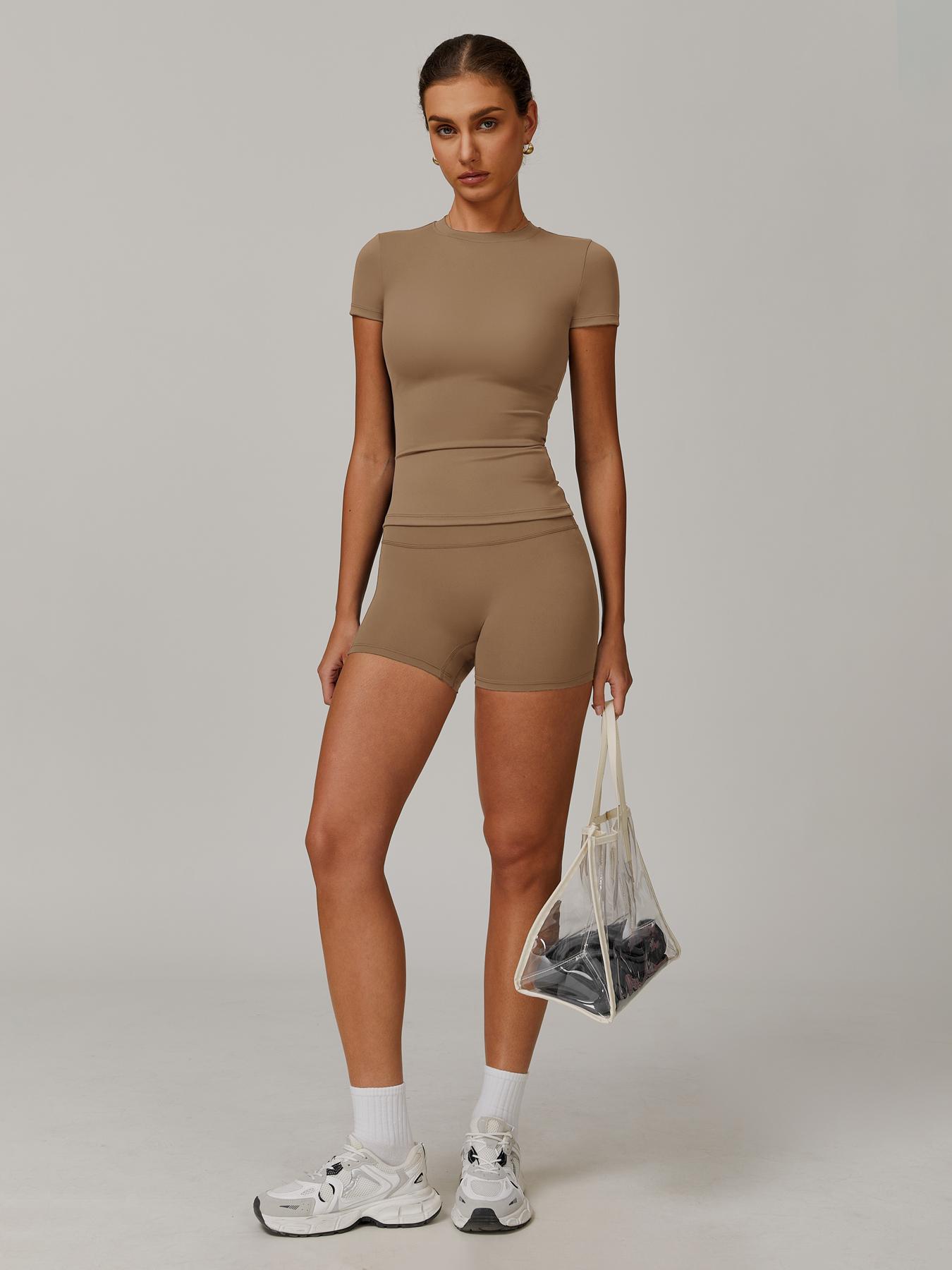 Women's Solid Ribbed Crop Tee & High Waist Shorts Set, Quick Drying for Yoga Gym Workout Running, Ladies Sportswear for All Seasons, Workout Sets Women, Women Workout Clothes, Fitness Clothing, Casual Activewear, Fitness Summer Bottoms