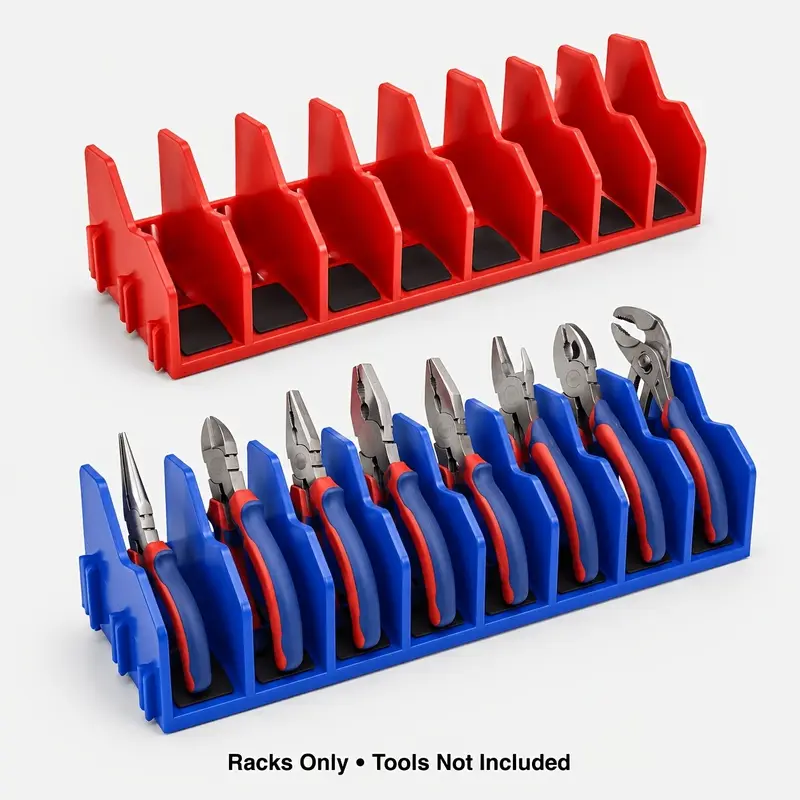 2-piece set of retractable plier storage racks, interlocking modular tool racks with anti-slip pads, red and blue storage racks for pliers, scissors, and wrenches, suitable for toolboxes, drawers, workbenches, garages, and workshops, tools not included