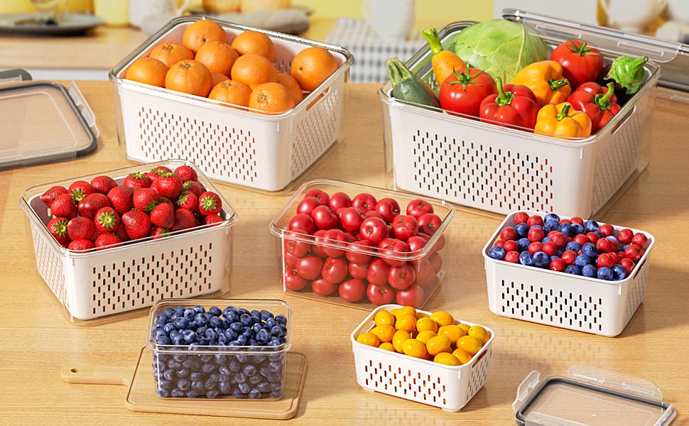 5 Pack Fridge Organizers and Storage - Stackable Fruit Storage Containers for Fridge with Removable Colander, BPA-Free Food Storage Container for Salad Berry Lettuce Vegetables Meat Keeper Fresh