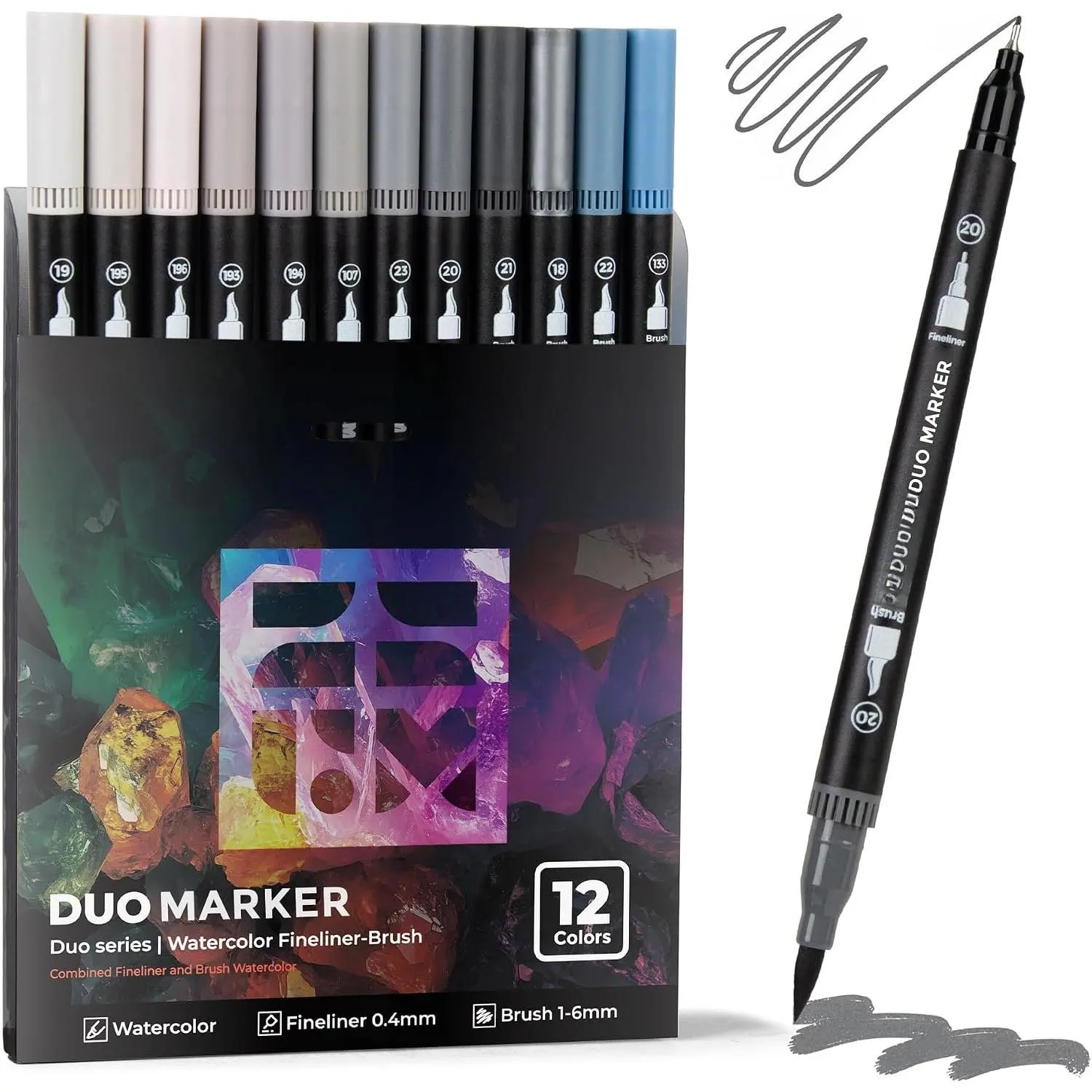 Gray Duo Tip Marker Pens, 12 Pack Fine & Brush Markers for Adult Coloring Books No Bleeding, Neutral Gray Markers for Shading, Urban Sketches, Architectural Drawings and Realistic Textures