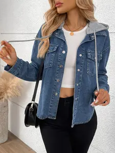 Women's Detachable Hooded Denim Shirt Jacket Coats, Lapel Long Sleeve Button Front Chest Pocket, Loose Fit Casual Streetwear Outerwear
