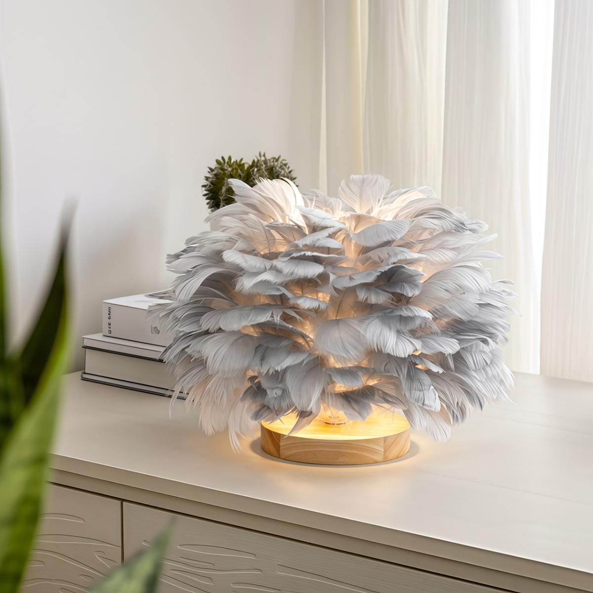 Dimmable Feather Table Lamp, Touch Control + Remote, USB Powered LED Night Light, Elegant Desk Decor for Bedroom/Living Room