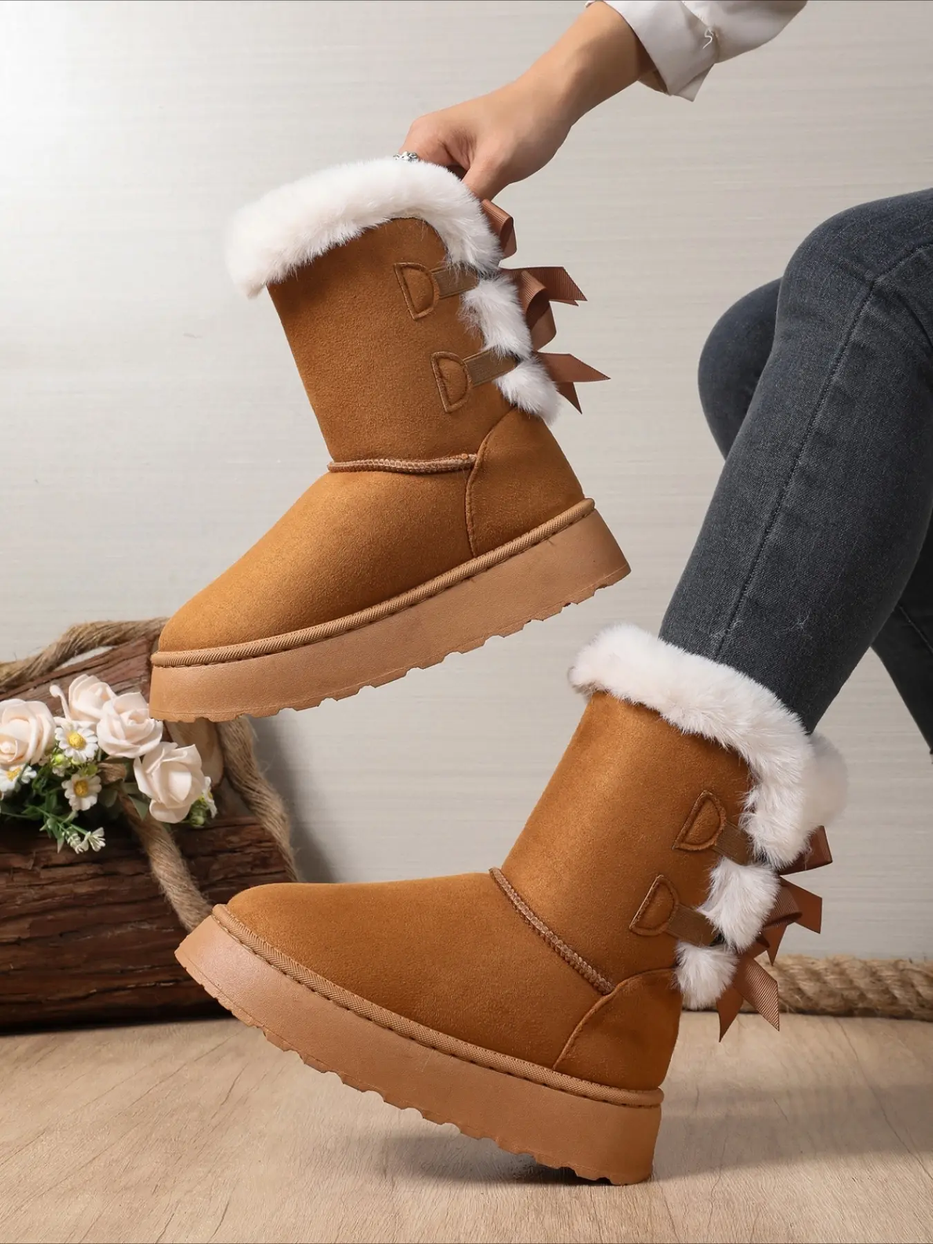 Platform mid-calf snow boots with fluffy trim and back bow plush lined anti-slip sweet versatile winter women shoes in three colors