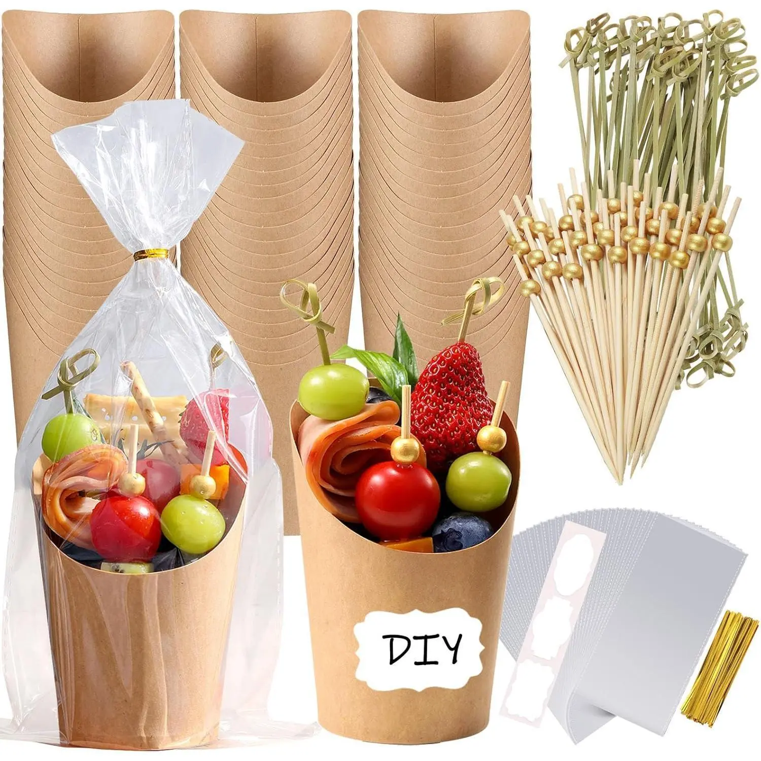 Charcuterie Cups Disposable 100 PCS with 200PCS Skewers, 100PCS Bags, 100 Label Sticks, 12 oz Kraft Paper Snack Boxes Appetizers Cup French Fry Holder with Gold Cocktail Toothpicks Tooth Picks, Gold Skewers, Party