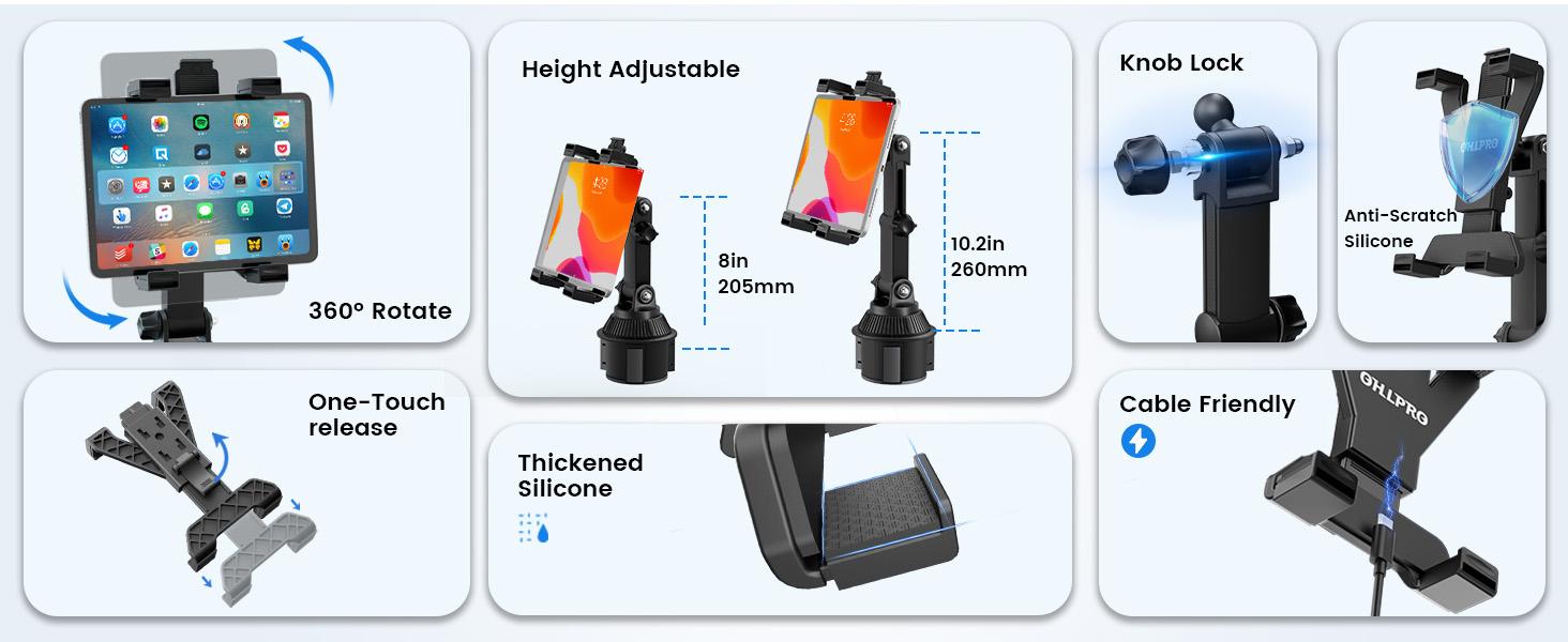 OHLPRO cup holder car tablet mount suitable for trucks, universal iPad holder for 7-11inch iPad Pro Air Mini, Galaxy Tab, adjustable arm, expandable and flexible car mount, suitable for road trip essentials, travel accessories