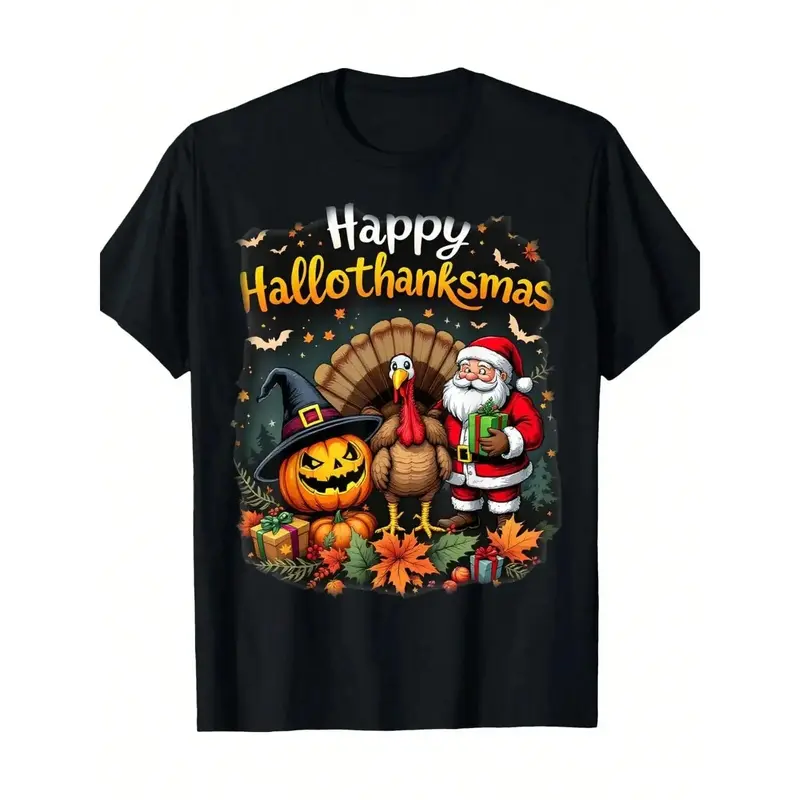 Men'S Happy Hallothanksmas Graphic T-Shirt - Santa, Pumpkin, Autumn Leaves Design - Lightweight All-Season Casual Tee For Halloween, Thanksgiving, Christmas - Machine Washable Regular Fit Short Sleeve Shirt - Festive Holiday Party Outfit For Adults