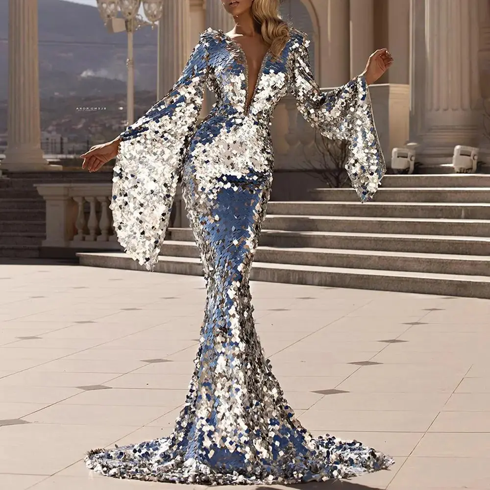 2025 women's dress sexy sequin silver banquet dress hip evening dress