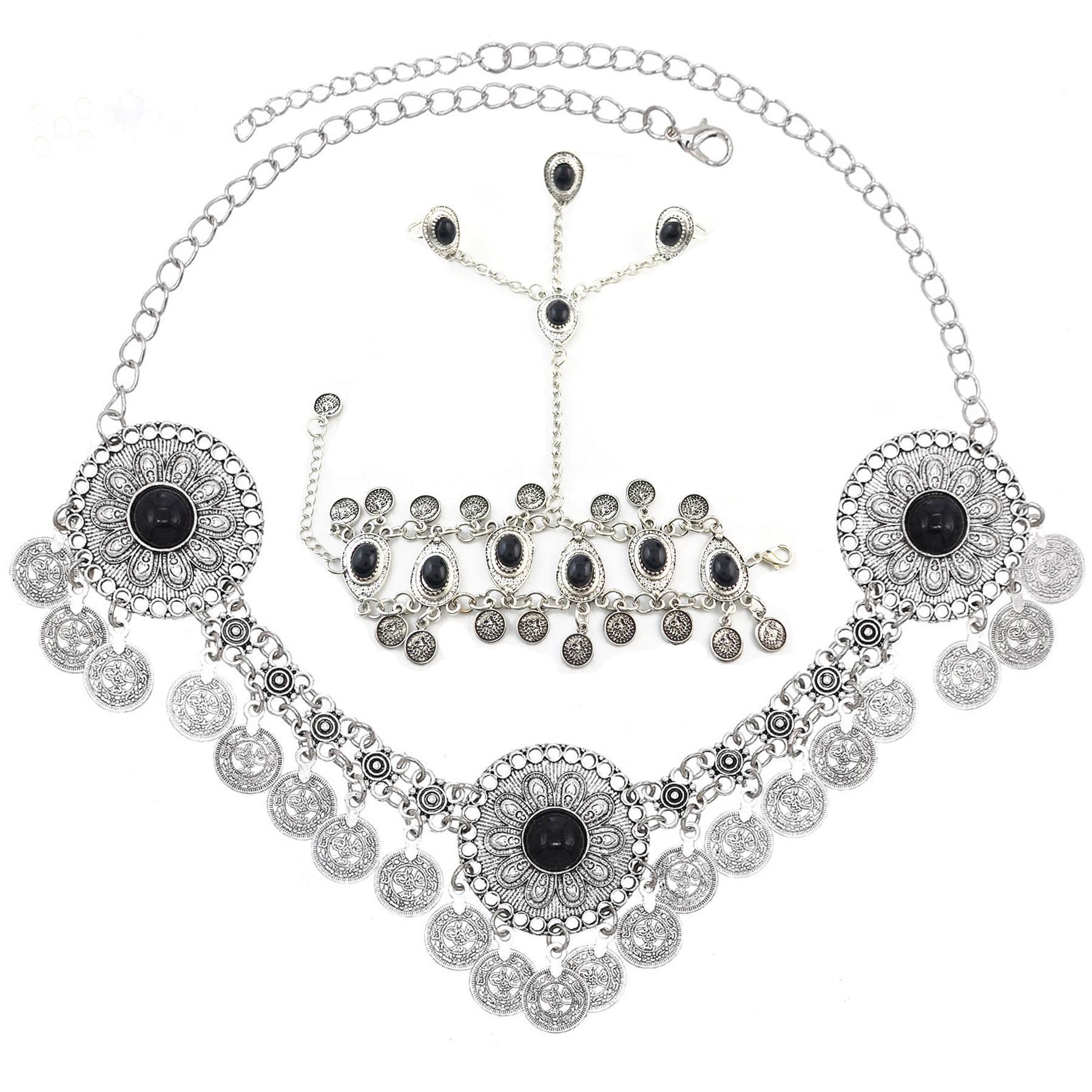 Traditional Kazakhstan Ethnic Coins Bracelet Hair Accessories  for Women Vintage Nepalese Tibetan Clothing Headwear Jewelry Set