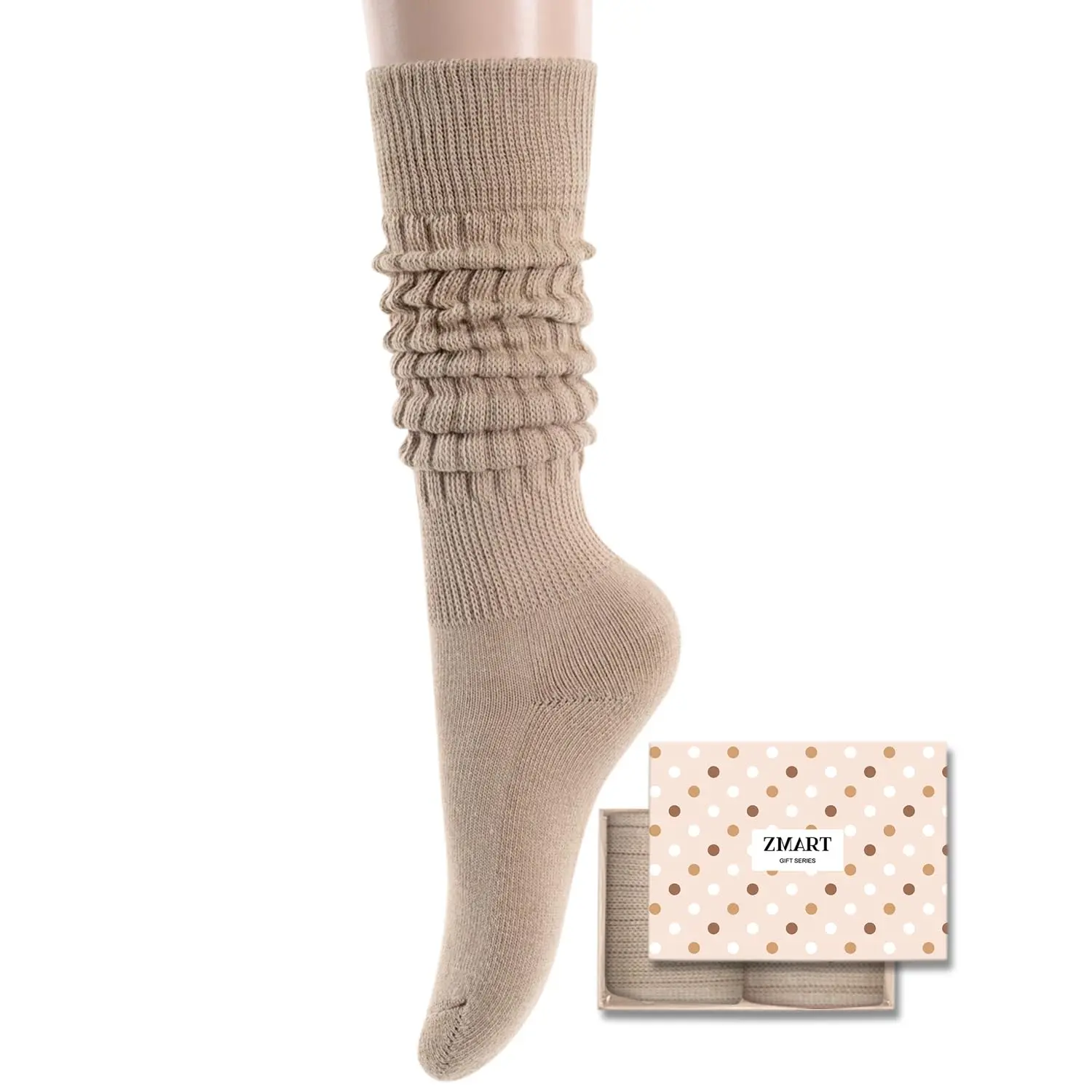 Zmart Women's Slouch Scrunch Socks, 80s 90s Cotton Socks, Beige Tan Khaki Gifts for Women Mothers Day Valentines Day Presents for Her