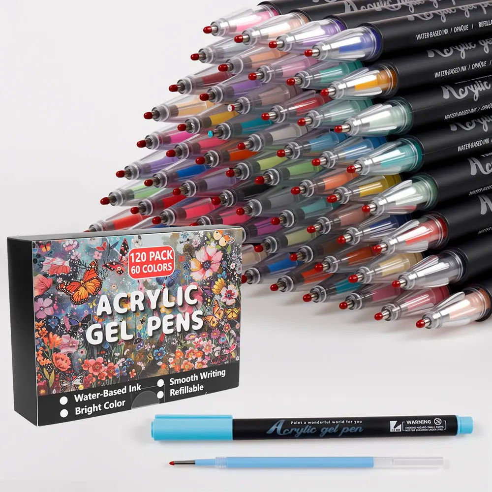 60 Colors, 120 Pieces Acrylic Gel Pen Set, 1mm Tip, Rich-Color, Large-Capacity, Art Supplies for Diary, Cards, DIY Coloring, Doodling, Stackable Clip