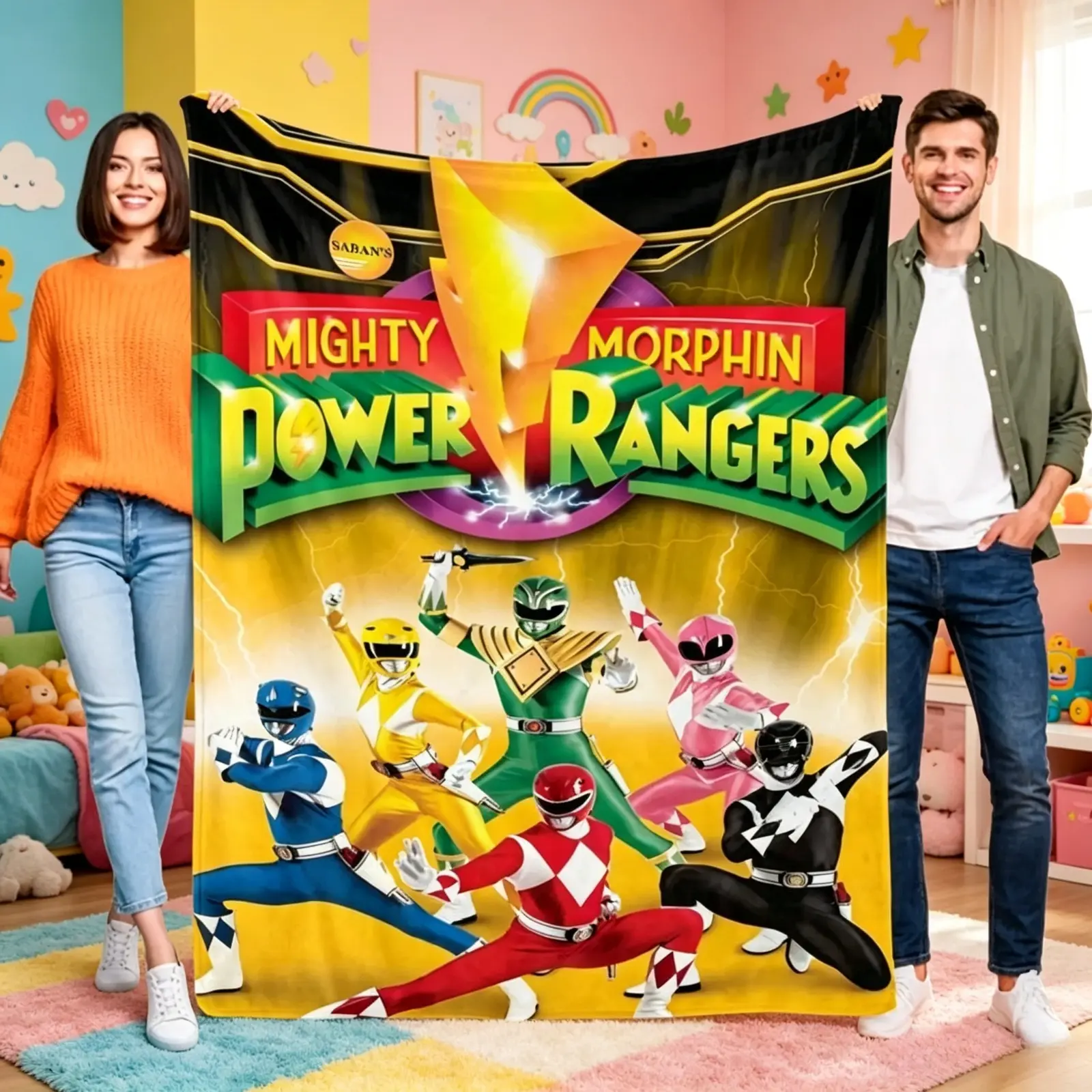 Mighty Morphin Power Rangers Flannel Blanket Cartoon Character Print Soft Cozy Lightweight AC Throw Blanket Kids Adults Sofa Bed Bedroom Living Room Movie Night Home Decor Gift Birthday Christmas Viral Blanket