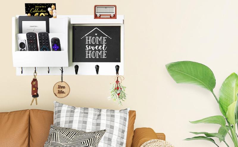 F-HP10  Key Holder for Wall - Mail Holder Organizer Wall Mount with Shelf - Hanging Key Rack Hanger with Hooks Decorative for Home Coat Letter Dog Leash Entryway Living Room Decor Farmhouse Metal