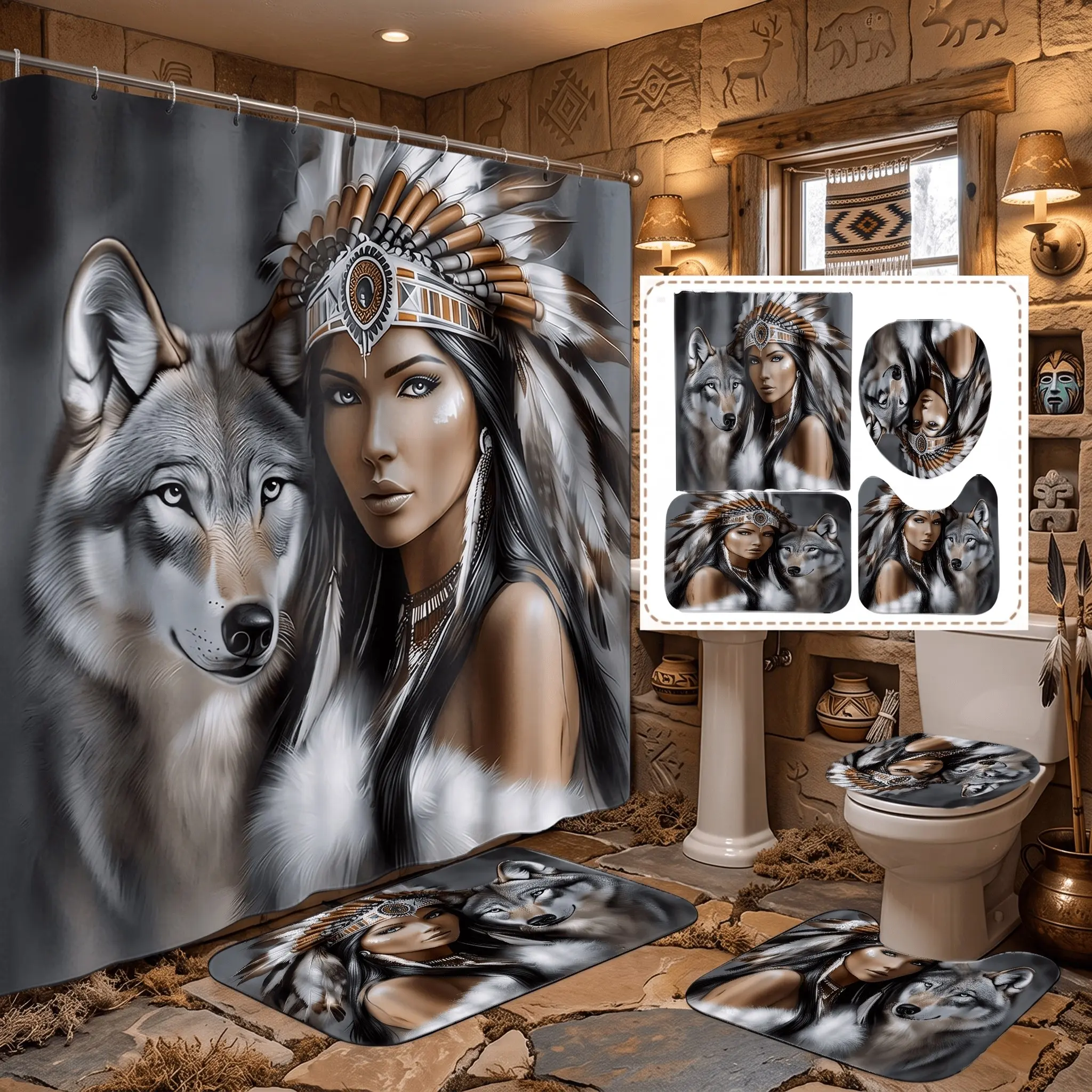 4pcs Mystic Tribal Princess Bathroom Set, Shower Curtain and Rugs, The floor mat fabric is thicker and softer! Native Warrior Queen Decor,for Housewarming Thanksgiving Holiday Gifts